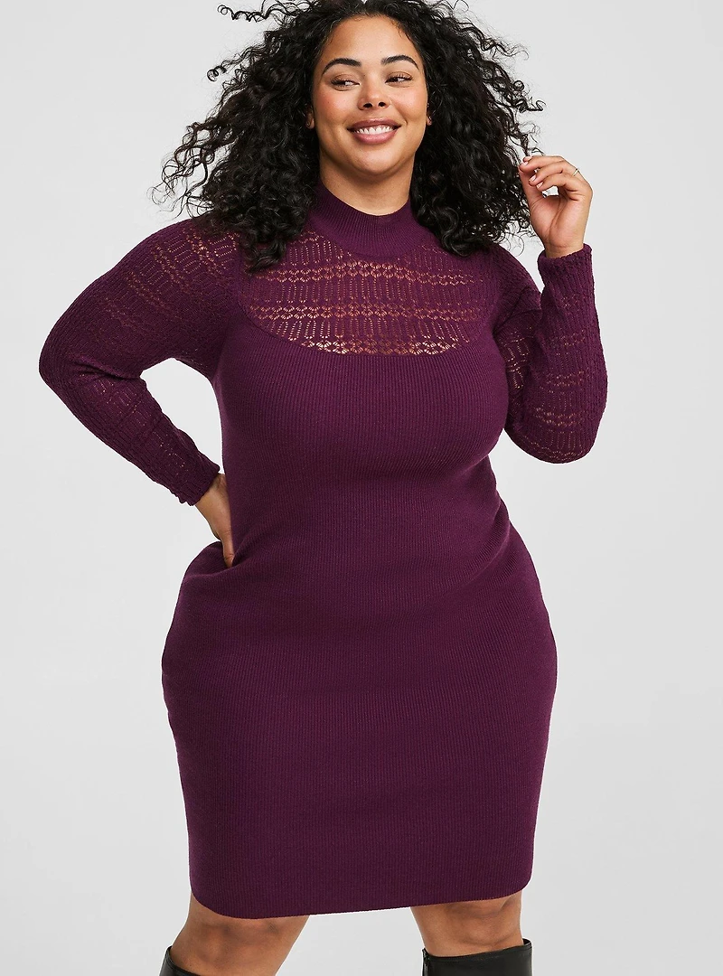 Mini Long Sleeve Rib Pointelle Mock Neck Sweater Dress