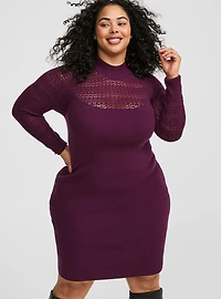 Mini Long Sleeve Rib Pointelle Mock Neck Sweater Dress