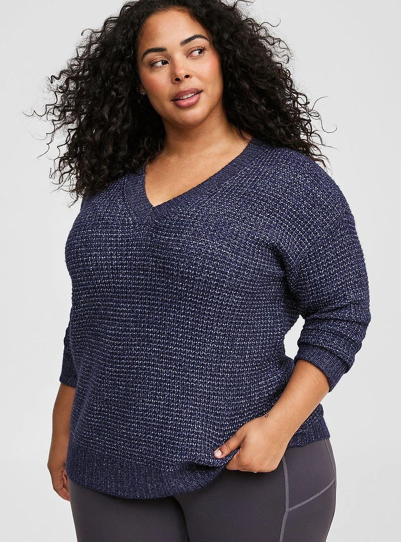 Waffle Drop Shoulder V-Neck Pullover Sweater