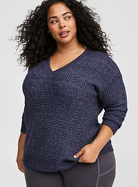 Waffle Drop Shoulder V-Neck Pullover Sweater