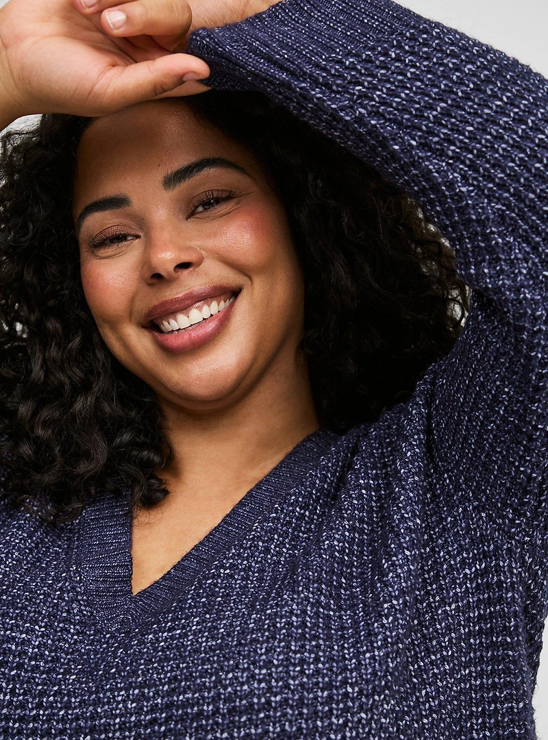 Waffle Drop Shoulder V-Neck Pullover Sweater