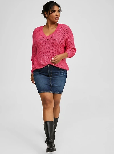Waffle Drop Shoulder V-Neck Pullover Sweater