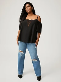 Georgette Lace Cold Shoulder Flutter Sleeve Top
