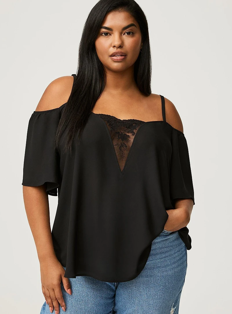 Georgette Lace Cold Shoulder Flutter Sleeve Top