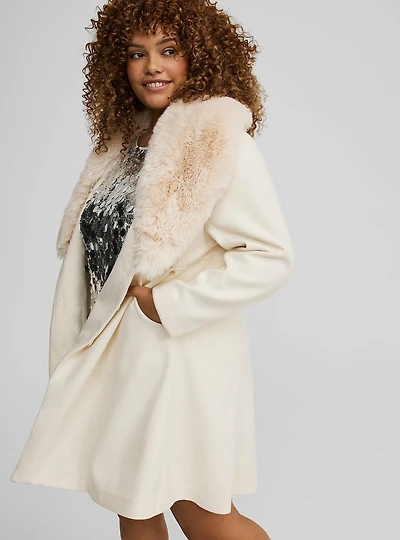Fit & Flare Faux Fur Collar Coat