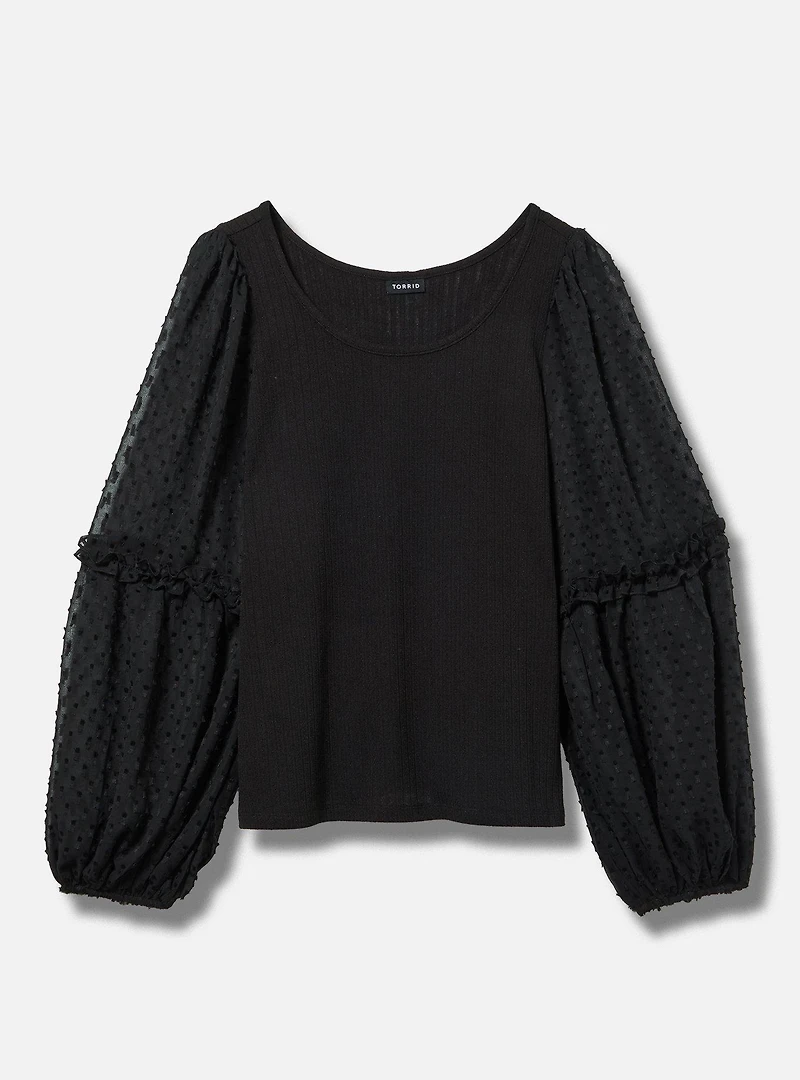 Ribbed Chiffon Balloon Sleeve Top