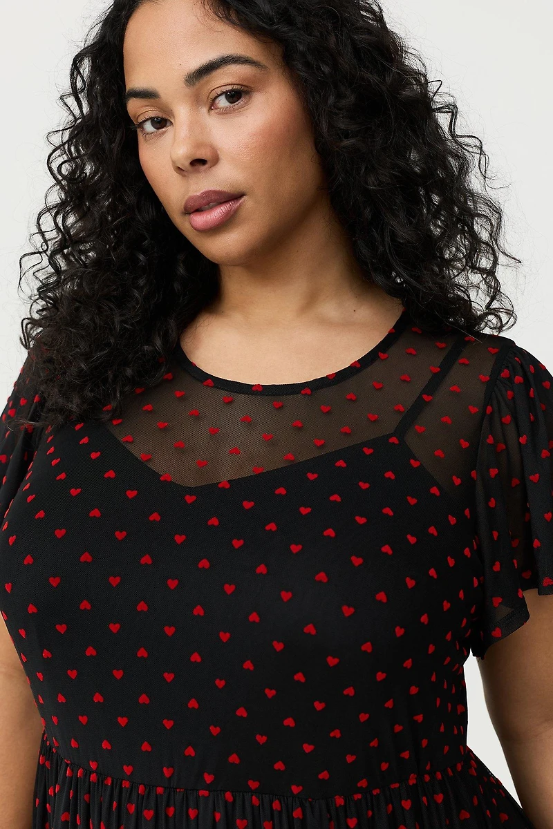 Heart Flocked Mesh Midi Dress