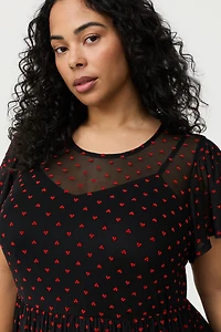 Heart Flocked Mesh Midi Dress