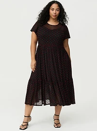 Heart Flocked Mesh Midi Dress