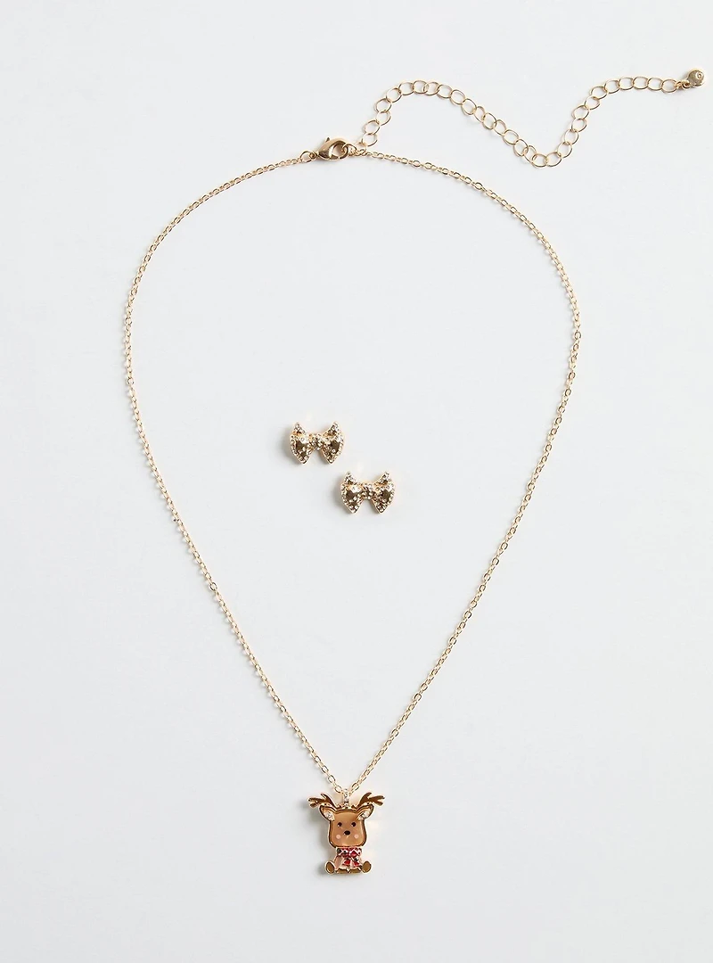 Reindeer and Bow Necklace And Stud Set