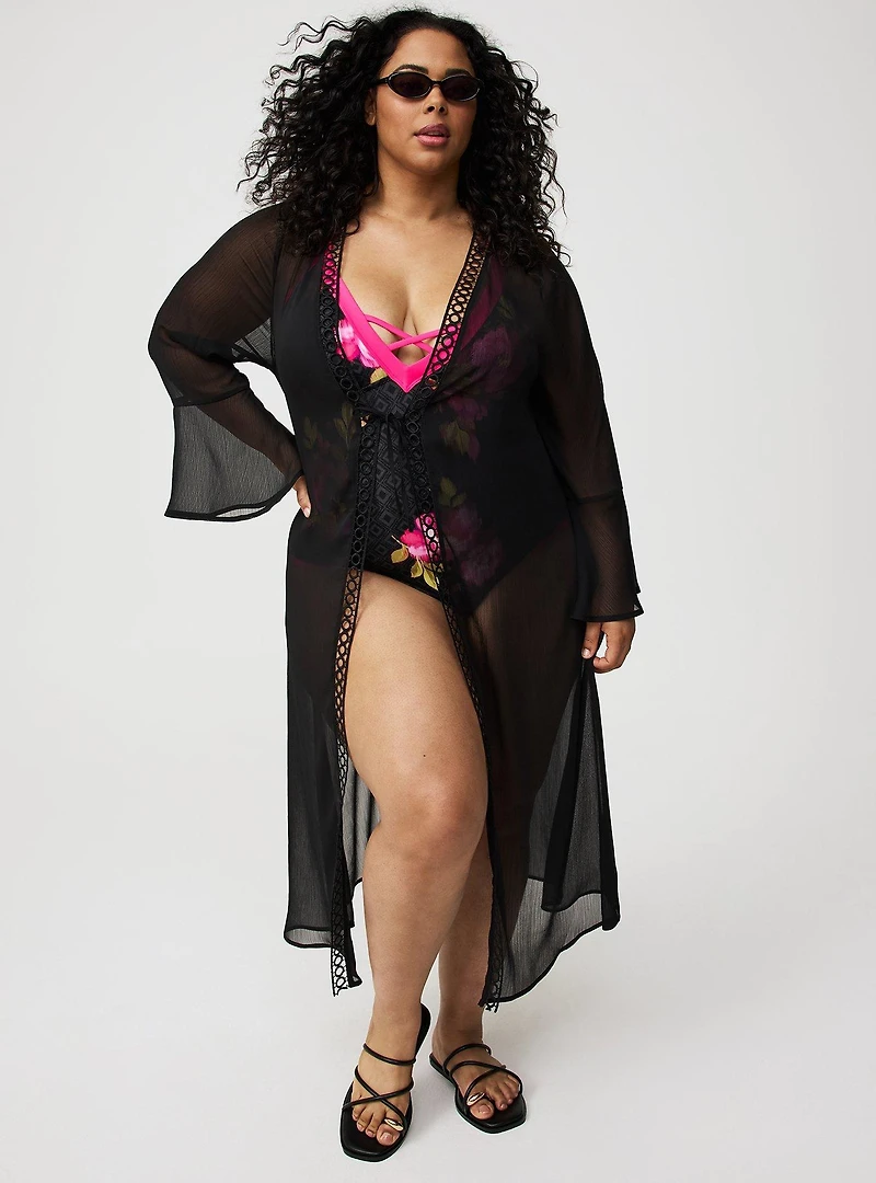 Tie-Front Crochet Maxi Kimono