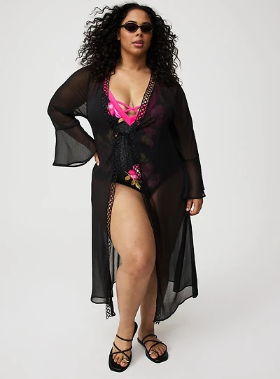 Tie-Front Crochet Maxi Kimono
