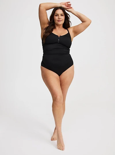 Ribbed Button-Up One-Piece Swimsuit