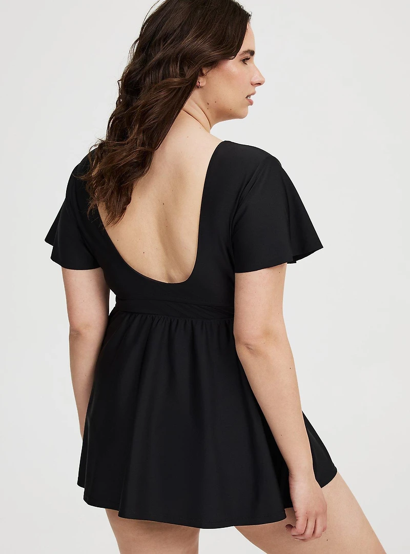 Wire-Free Flutter-Sleeve Cut-Out Swim Dress