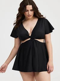 Wire-Free Flutter-Sleeve Cut-Out Swim Dress