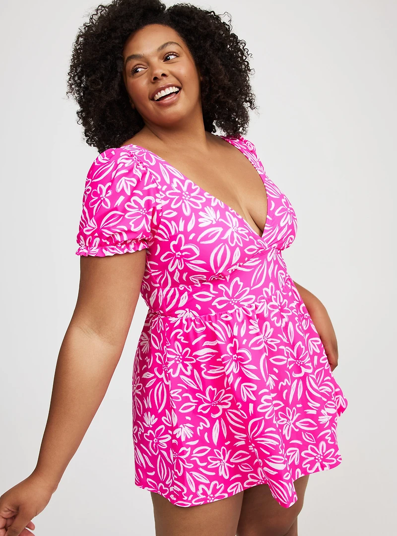 Retro Wire-Free Puff-Sleeve Swim Dress