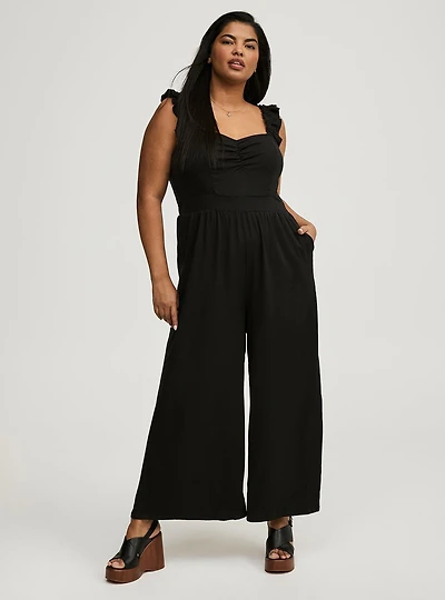 Stretch Challis Ruffle Strap Jumpsuit
