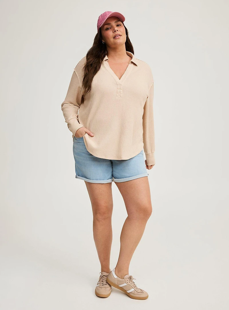 Waffle Collared Drop Shoulder Top