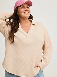 Waffle Collared Drop Shoulder Top