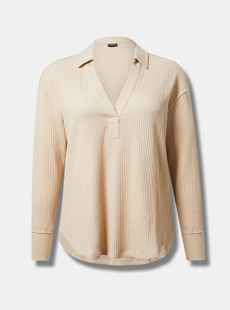 Waffle Collared Drop Shoulder Top