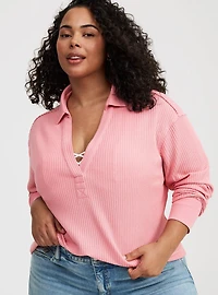 Waffle Collared Drop Shoulder Top