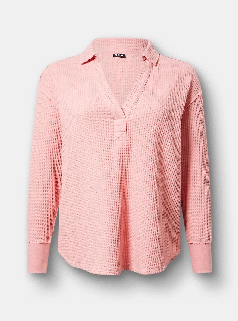 Waffle Collared Drop Shoulder Top