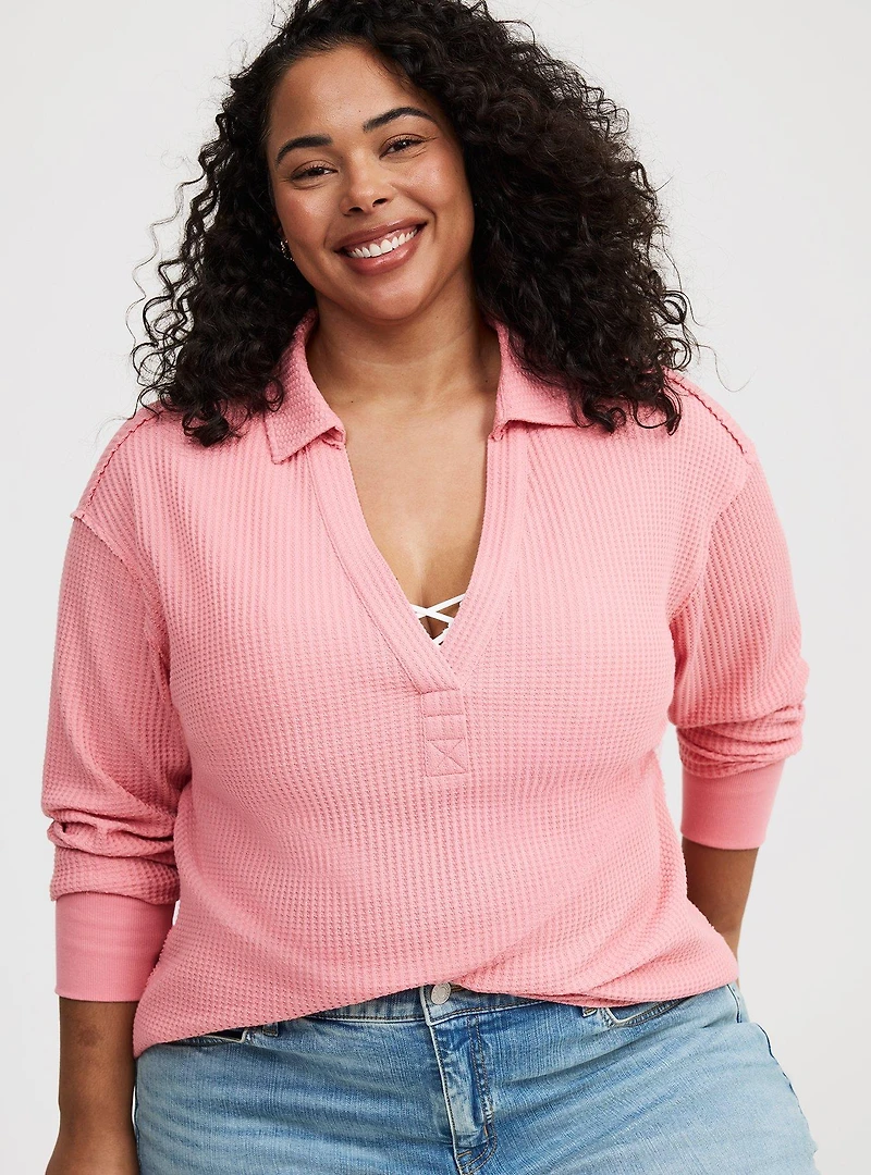 Waffle Collared Drop Shoulder Top