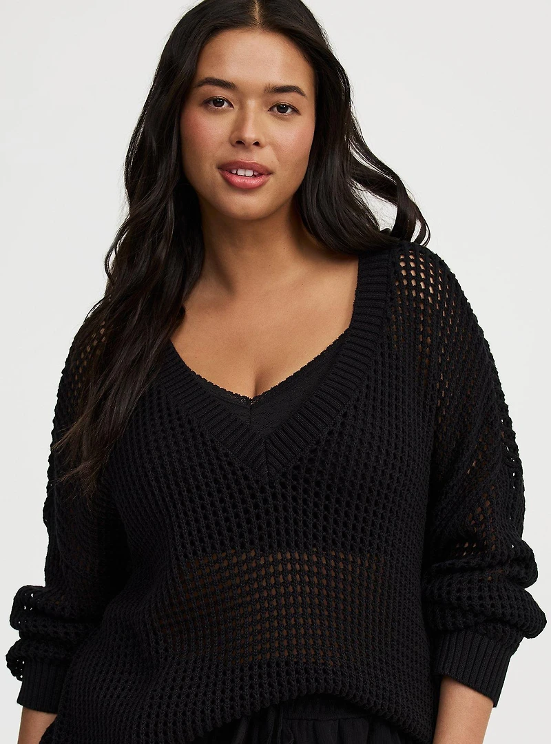 Open Stitch V-Neck Pullover
