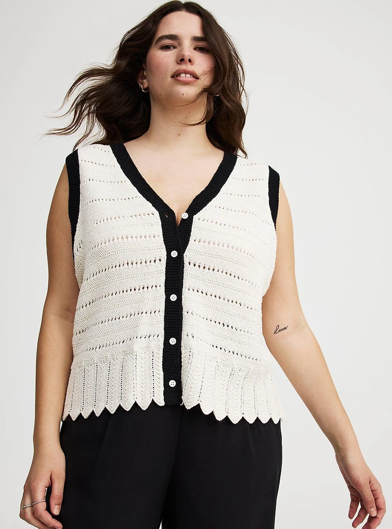 Contrast Trim Pointelle Sweater Vest