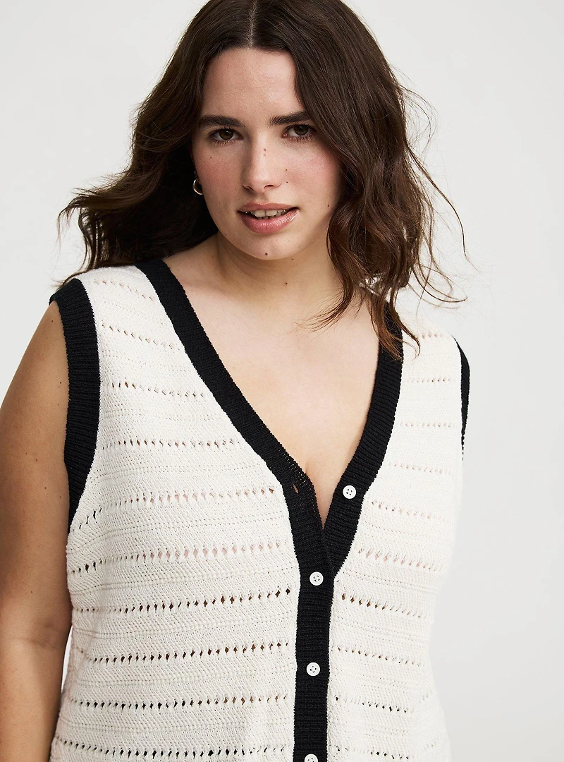 Contrast Trim Pointelle Sweater Vest