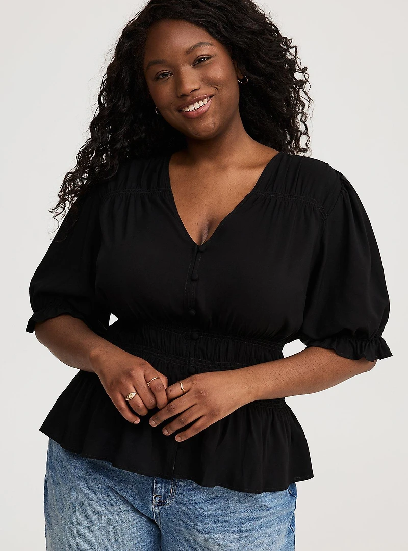 Peplum V-Neck Puff Sleeve Top