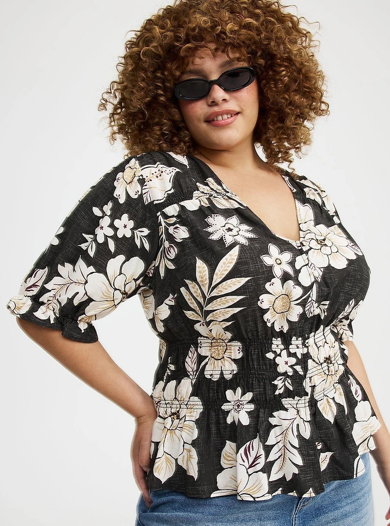 Peplum V-Neck Puff Sleeve Top