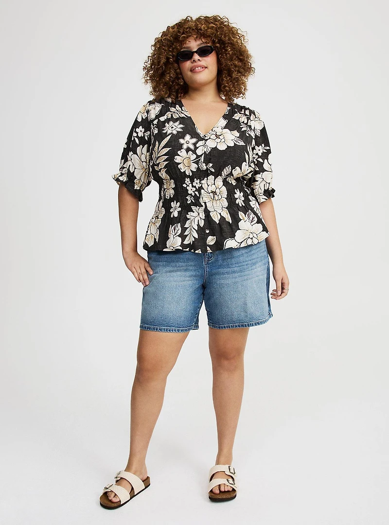 Peplum V-Neck Puff Sleeve Top