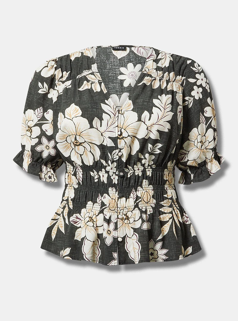 Peplum V-Neck Puff Sleeve Top