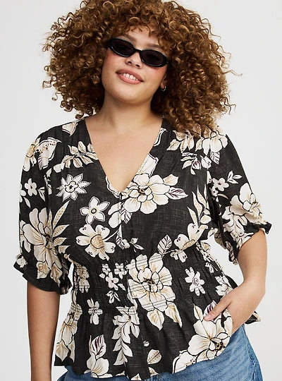 Peplum V-Neck Puff Sleeve Top