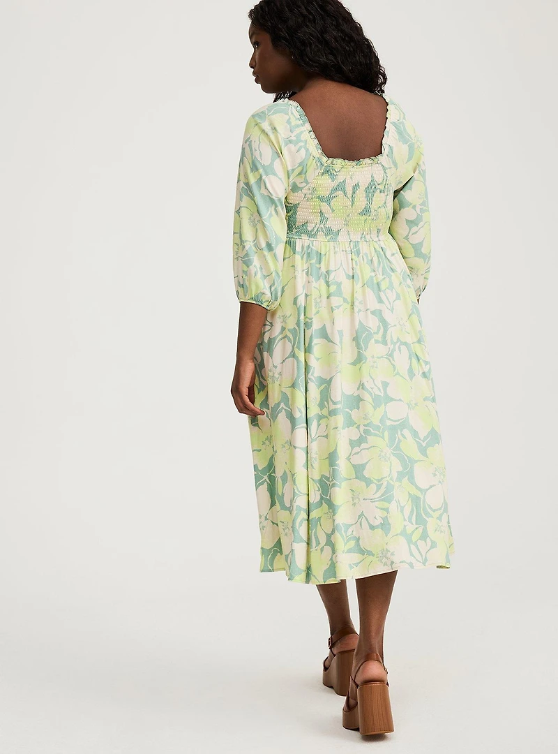 Challis Puff Sleeve Tea Length Dress