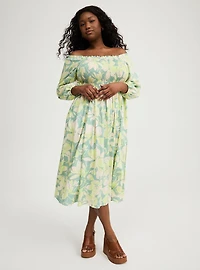 Challis Puff Sleeve Tea Length Dress