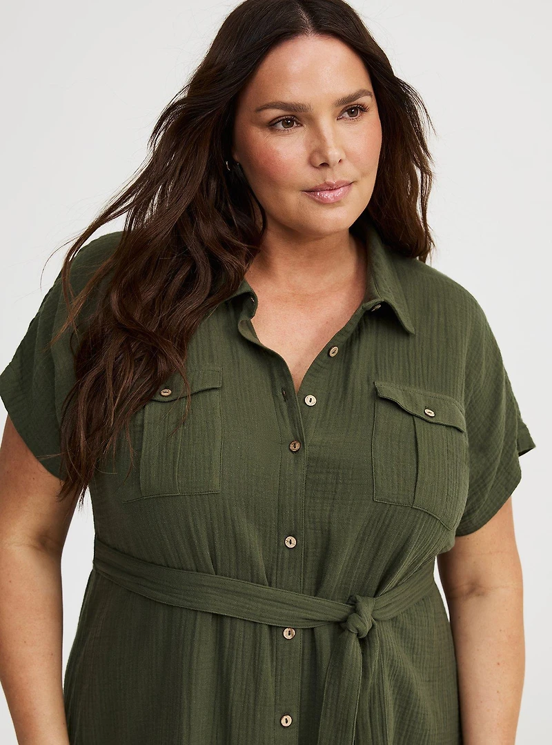 Midi Double Pucker Gauze Shirt Dress