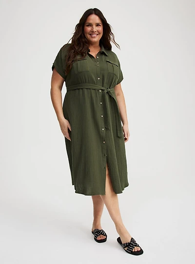 Midi Double Pucker Gauze Shirt Dress