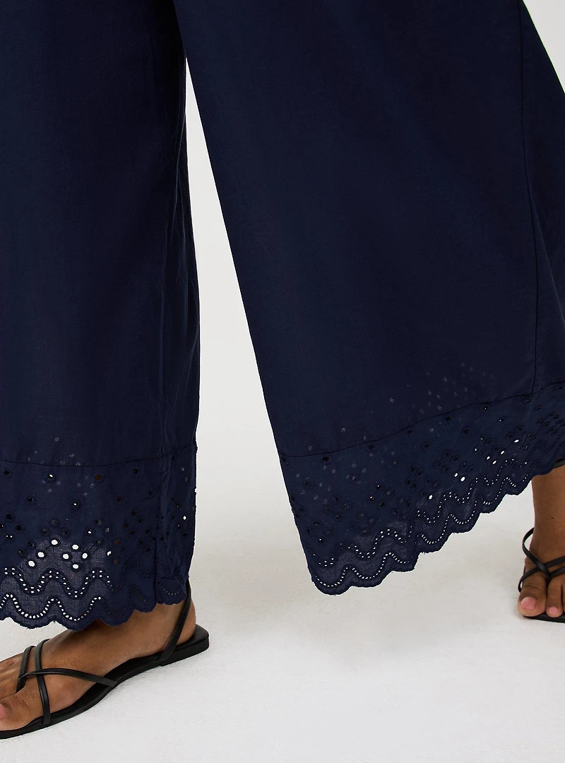 Pull-On Wide-Leg Embroidered Pant