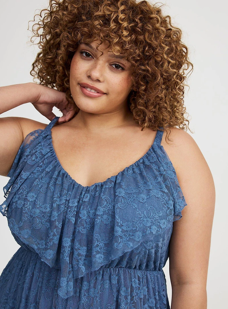 High-Low Stretch Lace Ruffle Dress