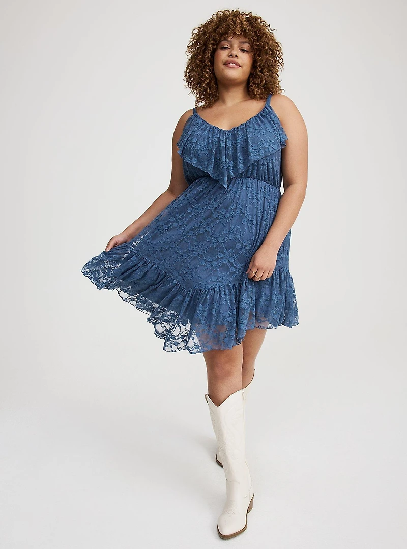 High-Low Stretch Lace Ruffle Dress