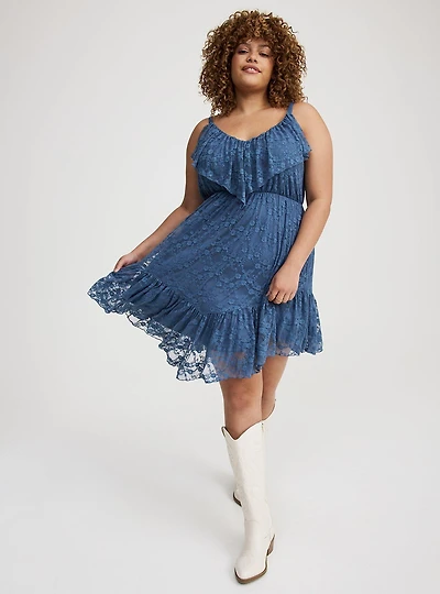 High-Low Stretch Lace Ruffle Dress