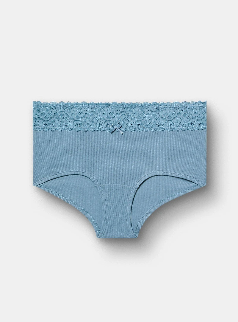 Cotton Rib Mid-Rise Lace Trim Boyshort Panty
