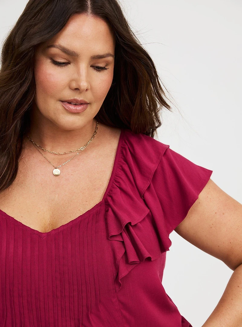 Rayon Slub Flutter-Sleeve Blouse