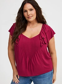 Rayon Slub Flutter-Sleeve Blouse