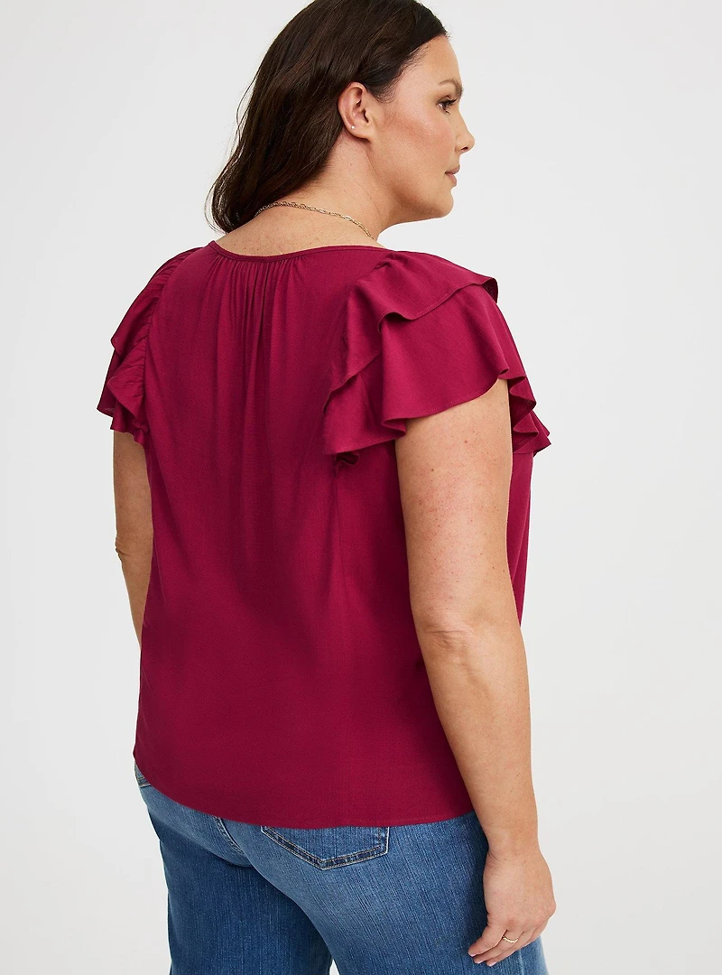 Rayon Slub Flutter-Sleeve Blouse