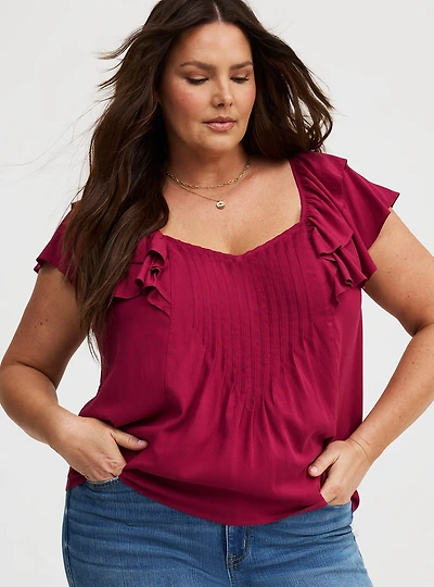 Rayon Slub Flutter-Sleeve Blouse
