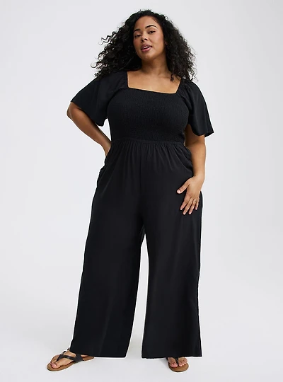 Flutter-Sleeve Smocked Jumpsuit