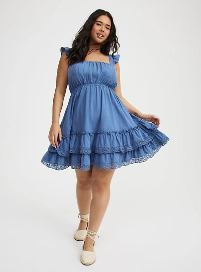 Mini Cotton Tiered Lace-Trim Dress